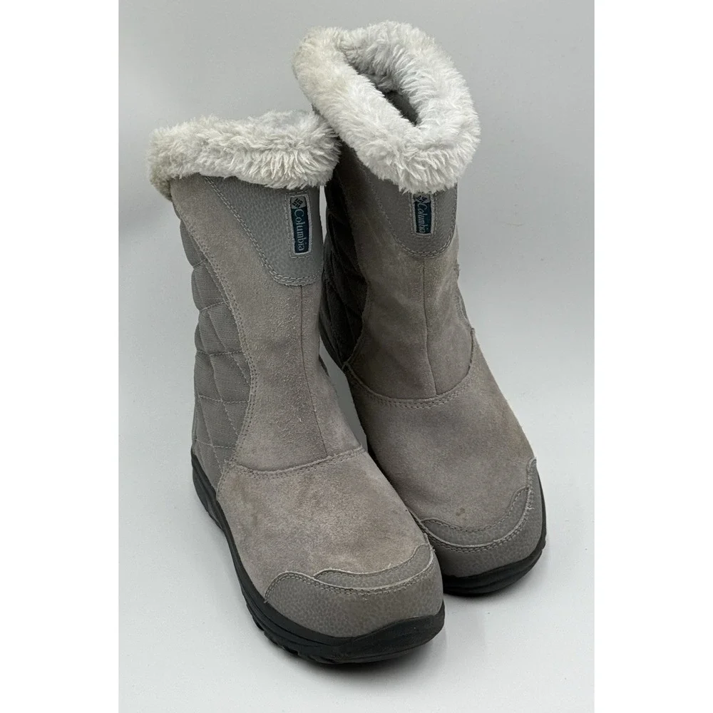 Columbia Ice‎ Maiden II Gray Suede/Fabric Faux Fur Trim Slip-On Snow Boots 5.5